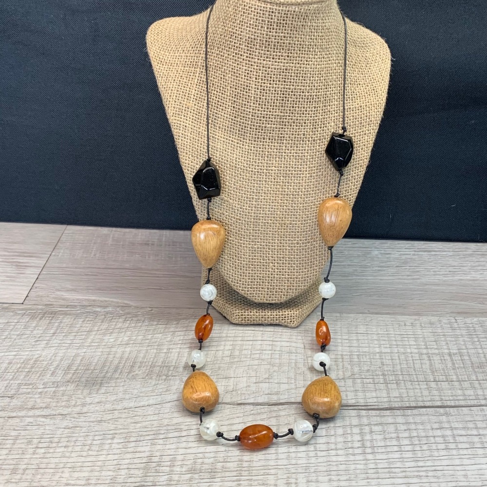 Boho Mixed Bead Long Necklace Wood Resin Geometric Black Amber White 32 Inch